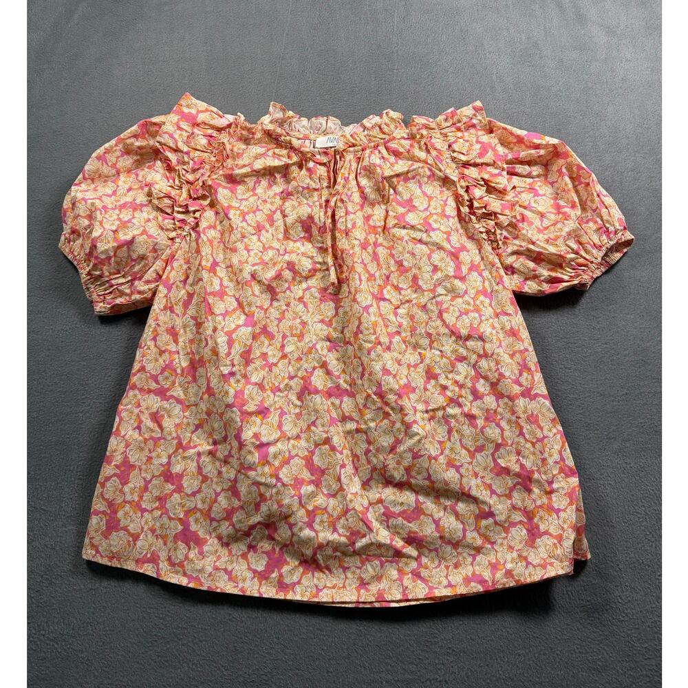 Avara Women's Small Pink Yellow Floral Puff Sleeve Ruffle Neck Blouse‎ Top